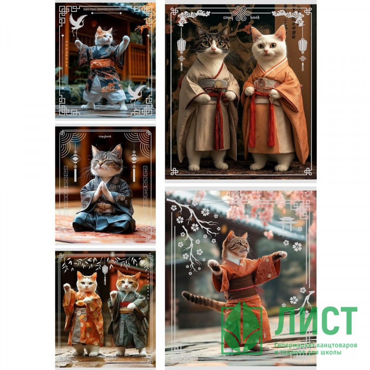 Тетрадь А5 клетка 48 листов скоба (Prof-Press) Азиатские котики лён серебро ассорти арт.Т48-6476