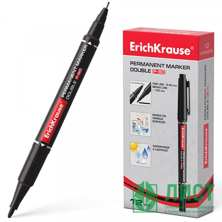 Маркер перманент Для дисков (CD/DVD) ErichKrause P-80 круглый 0,45-1,65мм двусторонний черный арт.48183 (Ст.12)