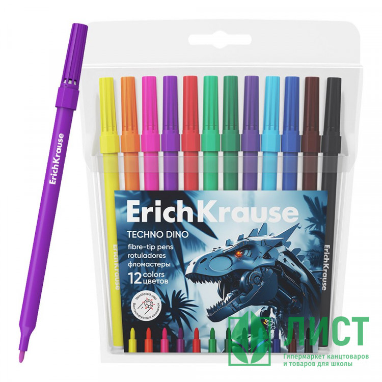 Фломастеры (ErichKrause) Techno Dino 12 цветов арт.65030