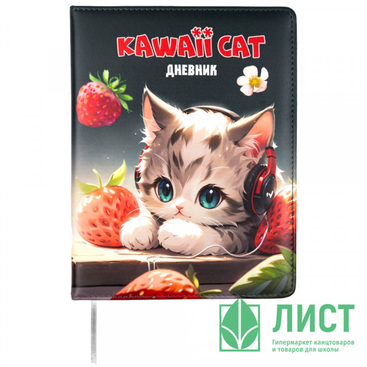 Дневник школьный твердая обложка кожзам (Attomex) Kawaii Cat цветная печать, отстрочка, ляссе арт.2020502