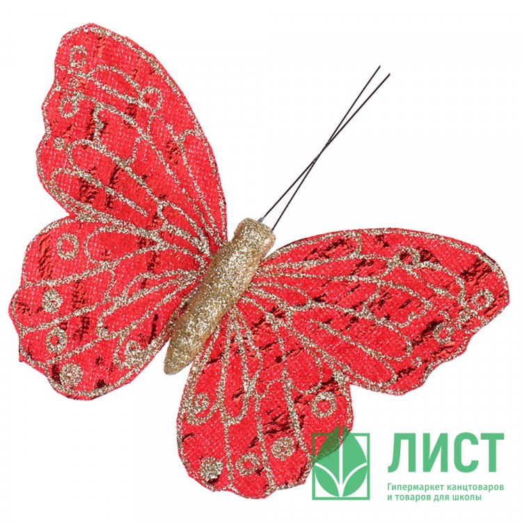 Украшение декоративное "Бабочка" на клипсе 11,5см цв.красный/золото арт.374-463