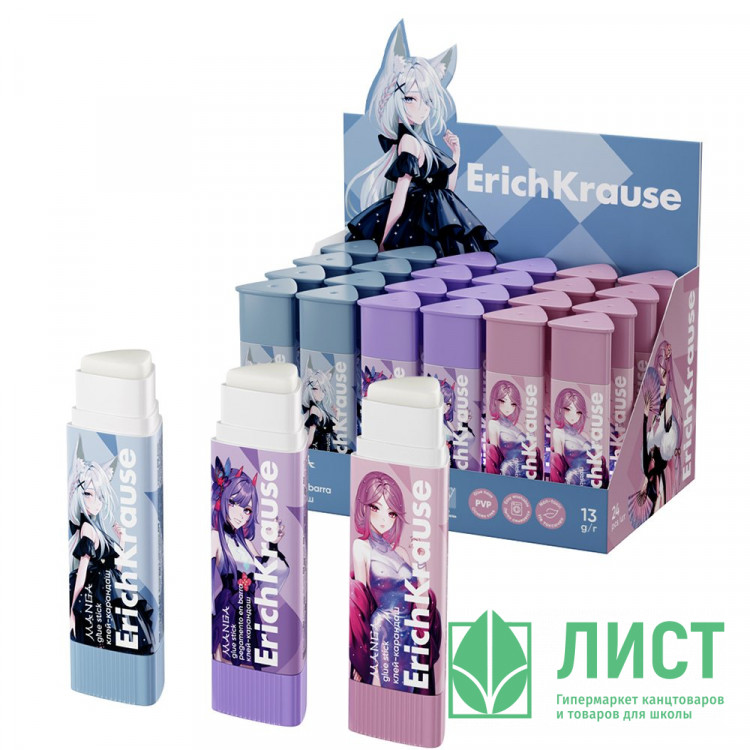 Клей-карандаш 13г ErichKrause Призма Аниме (Prism Manga) ассорти арт.60497 (Ст.24)