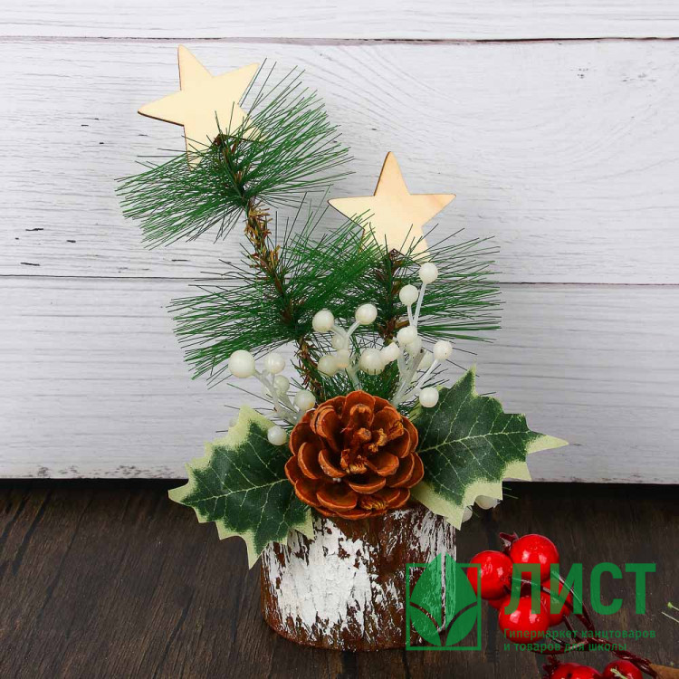 Композиция новогодняя настольная на пеньке 22см арт.386-196