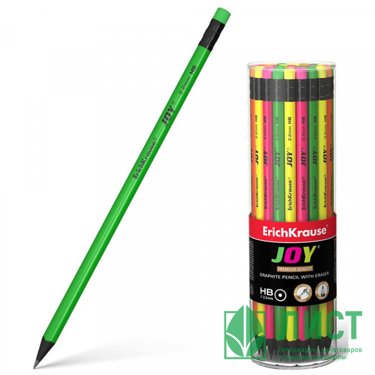 Карандаш чернографитный  ErichKrause с ластиком  JOY HB круглый, неоновый корпус пластик арт.43582 (Ст.42)