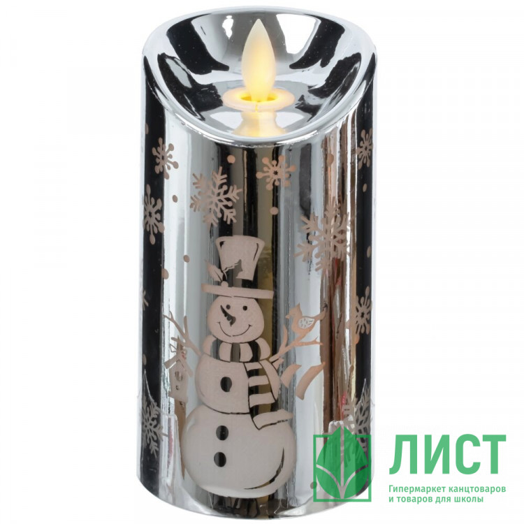 Свеча LED на батарейках (3*LR44) "Снеговик" 09*4,7см цв.серебро арт.812890 (Ст.12)
