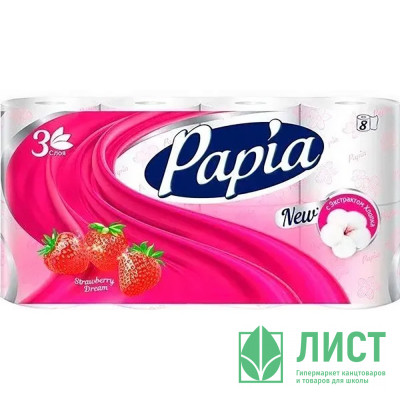 Бумага туалетная 3-слоя втулка 8 рулонов в упаковке Papia Клубничная мечта Бумага туалетная 3-слоя втулка 8 рулонов в упаковке Papia Клубничная мечта