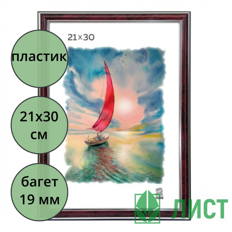 Фоторамка 21*30 (пластик) багет 19мм Бордо, двойная серебрянная полоса арт.310 (Ст.25)