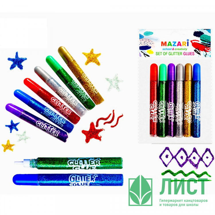 Гель с блестками 6 штук в наборе Mazari 15 мл х 6 цветов арт.M-5656