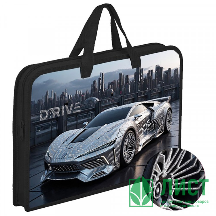 Сумка пластик А4 (ОНИКС) на молнии ручка-тесьма арт.ПТ-14-12 Silver auto широкая боковинка, фольга