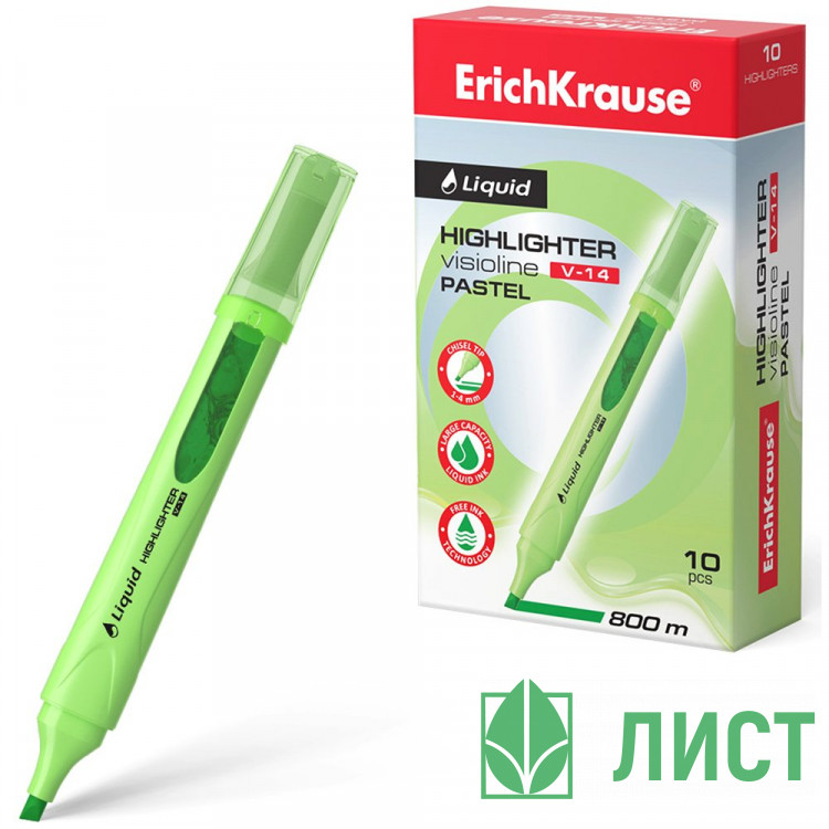 Текстовыделитель  ErichKrause Visioline V-14 Пастель (Pastel) 0,6-4мм скош. зеленый арт.56024 (Ст.10)