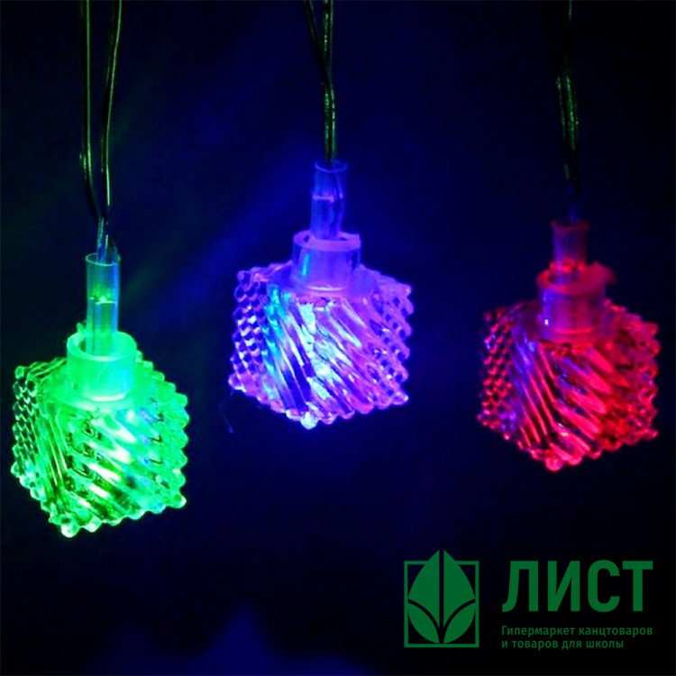 Гирлянда электрическая для дома фигурная 05м 20LED "Кубик витой" цвет мульти (светлый провод) (можно соединять) арт.183-0068
