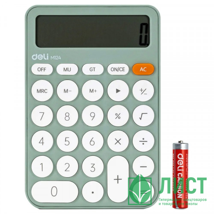 Калькулятор настольный 12 разрядный одинарное питание  Deli 105*158*28 (EM124GREEN) зеленый (Ст.1)