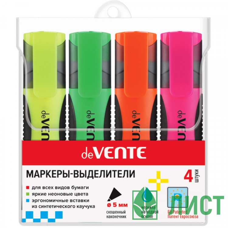 Набор текстовыделителей deVENTE 1-5мм, 4 цвета (желт/зел/оранж/роз) арт.5045329